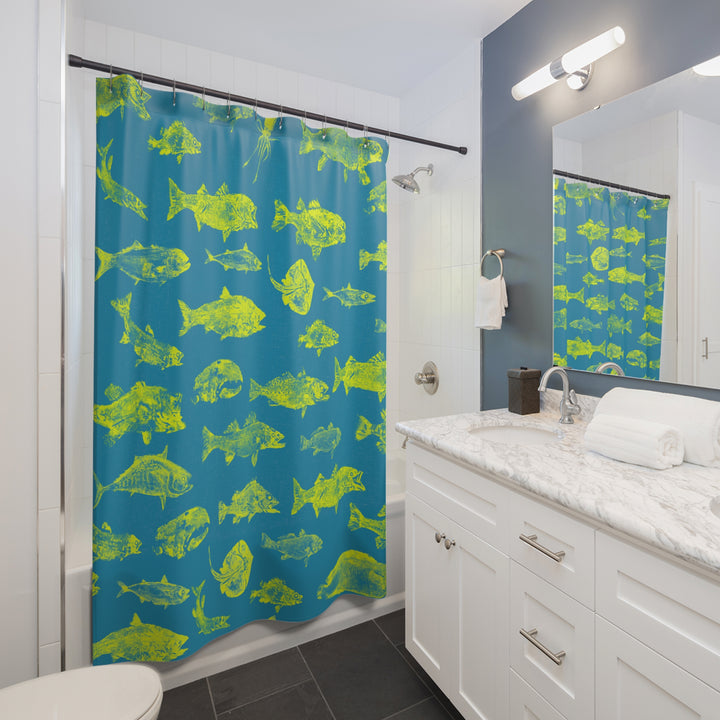 Gyotaku Turquoise Shower Curtain