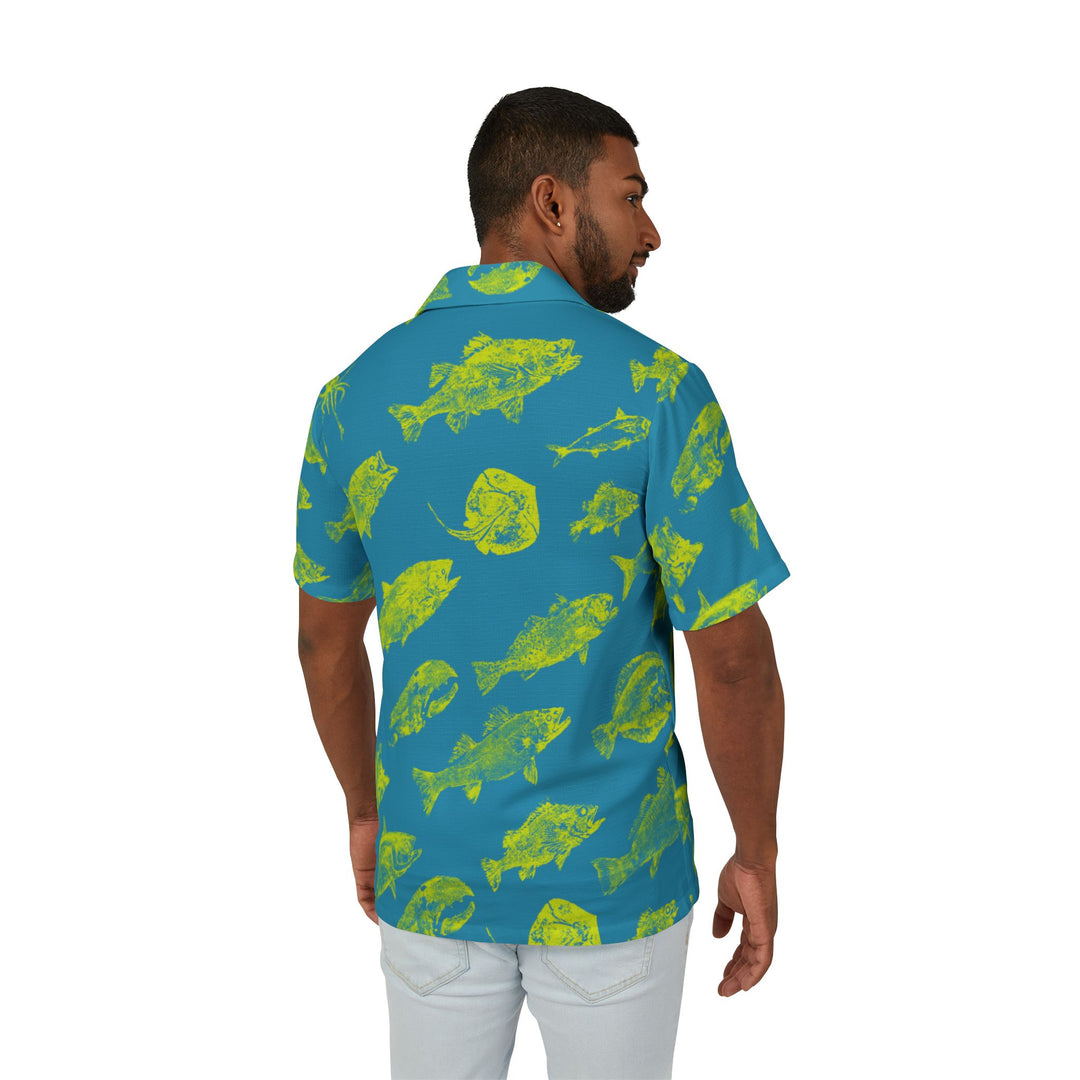 Men's Hawaiian Gyotaku Camp Shirt - Turquoise