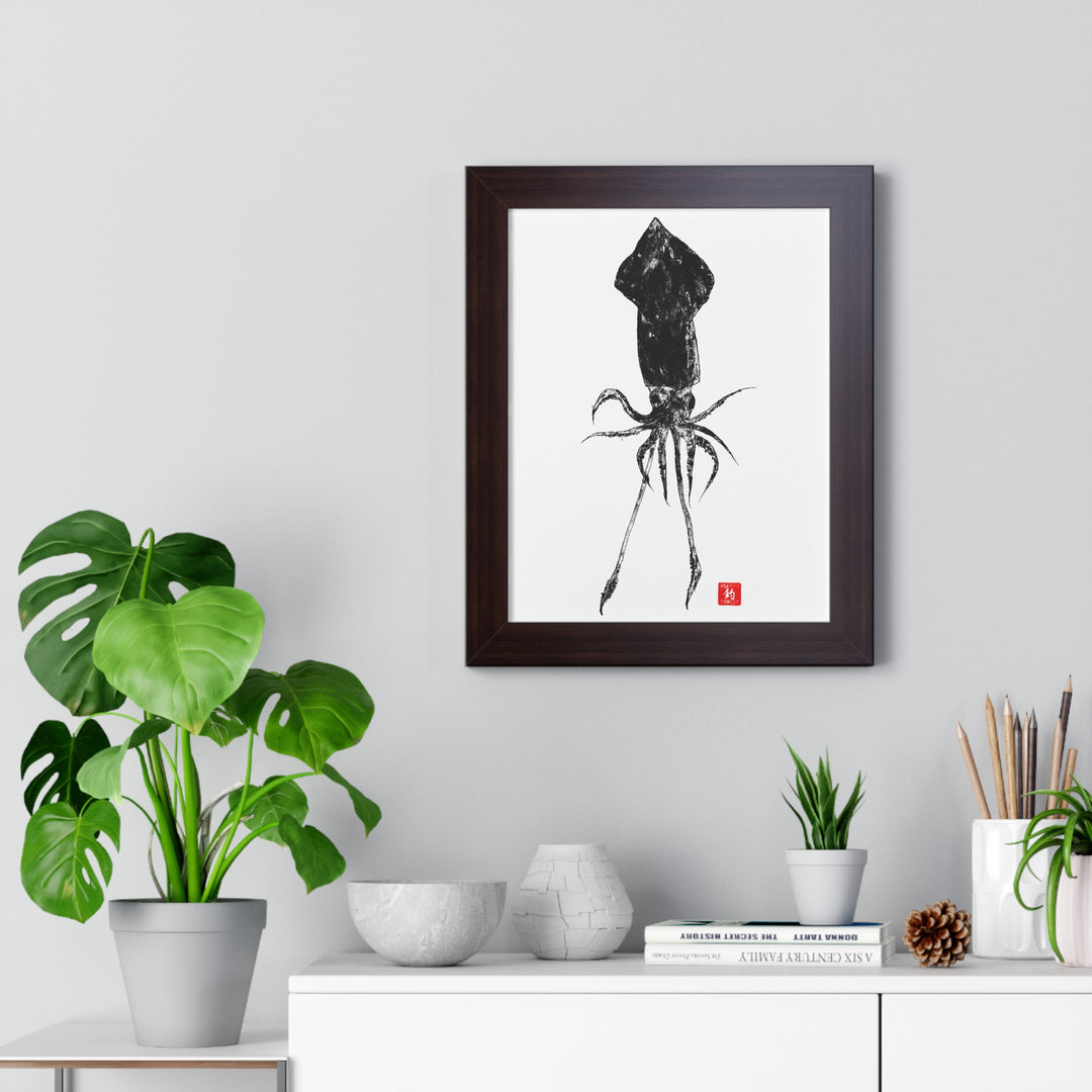 Squid Gyotaku Framed Vertical Poster