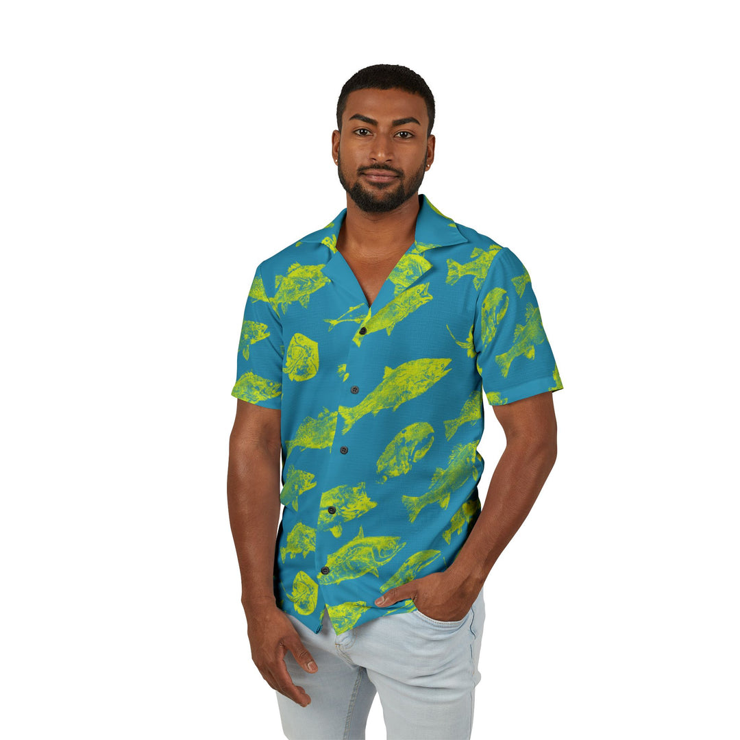 Men's Hawaiian Gyotaku Camp Shirt - Turquoise