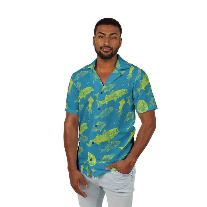 Men's Hawaiian Gyotaku Camp Shirt - Turquoise