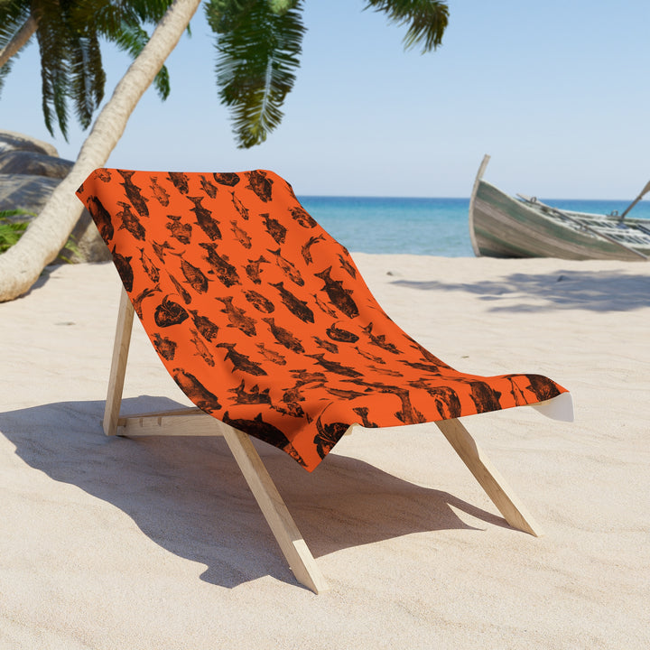 Gyotaku Beach Towel - Black on Orange