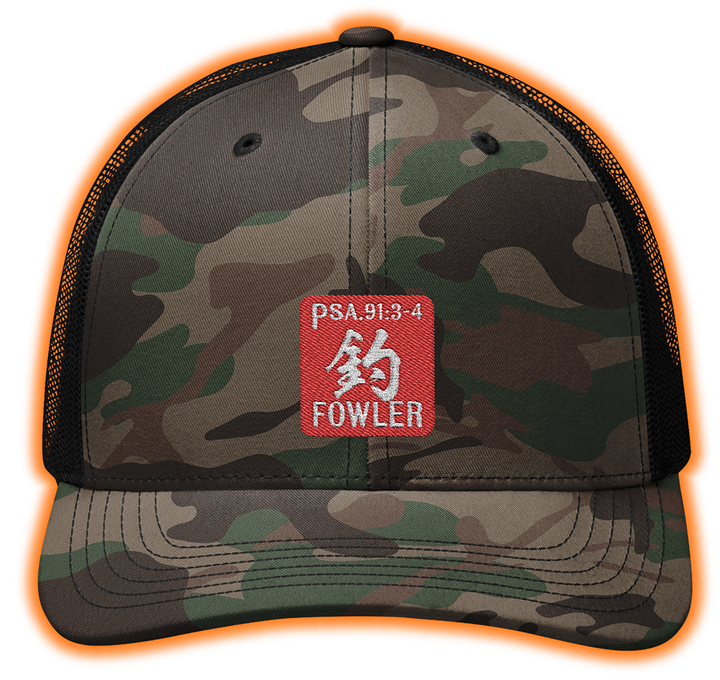 Camouflage Trucker Hat with Embroidered Gyotaku Signature