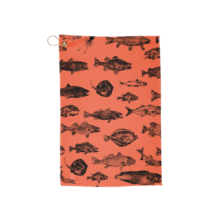 Gyotaku Golf Towel Black on Orange, Unique Accessory for the Outdoorsman, Perfect for Father's Day, Gift for Golfers, Beach Towels