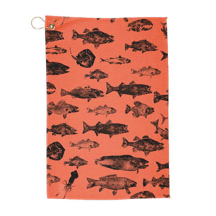 Gyotaku Golf Towel - Black on Orange